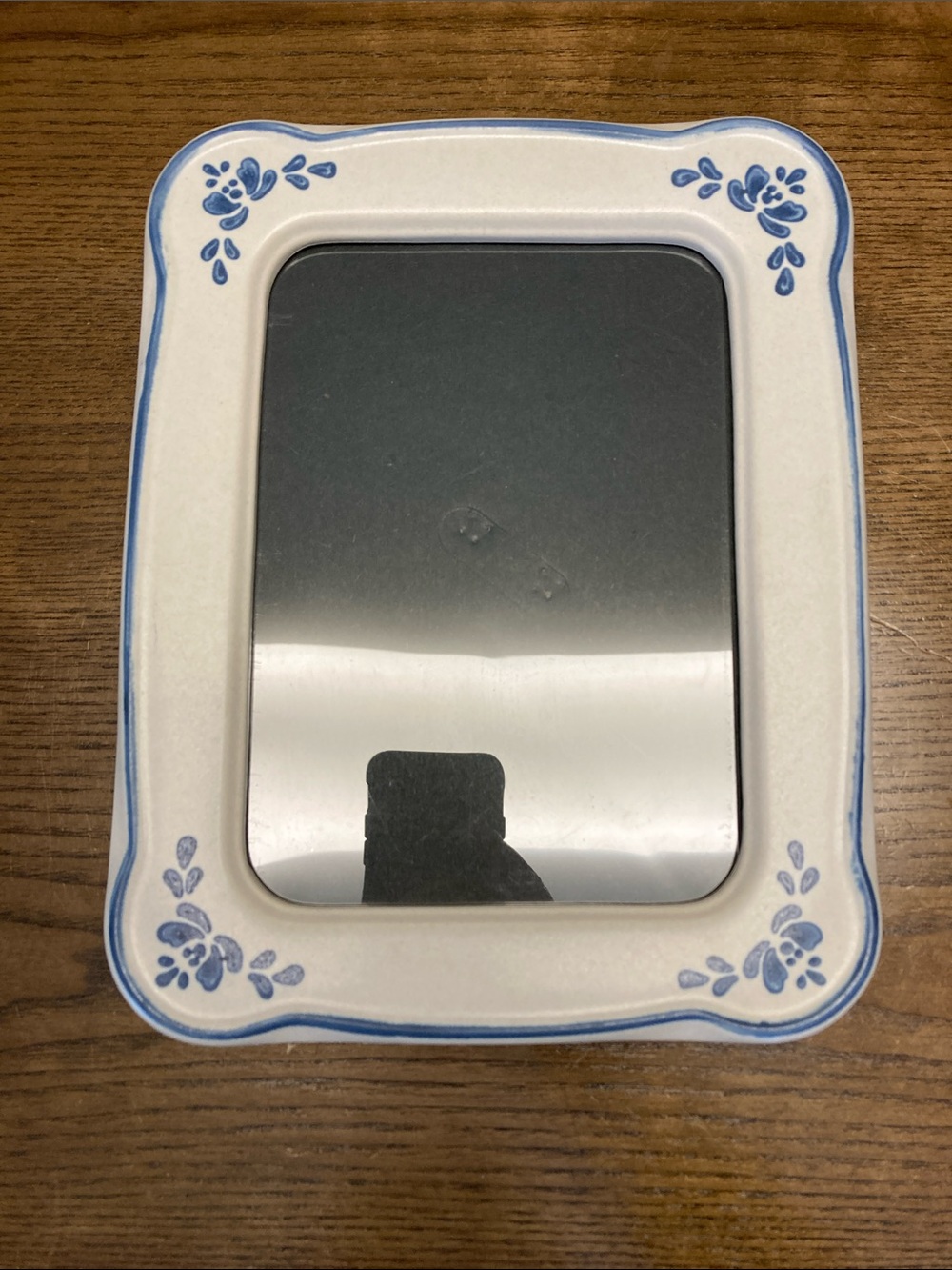 Vintage Pfaltzgraff White Stoneware Mirror with Blue Floral Trim